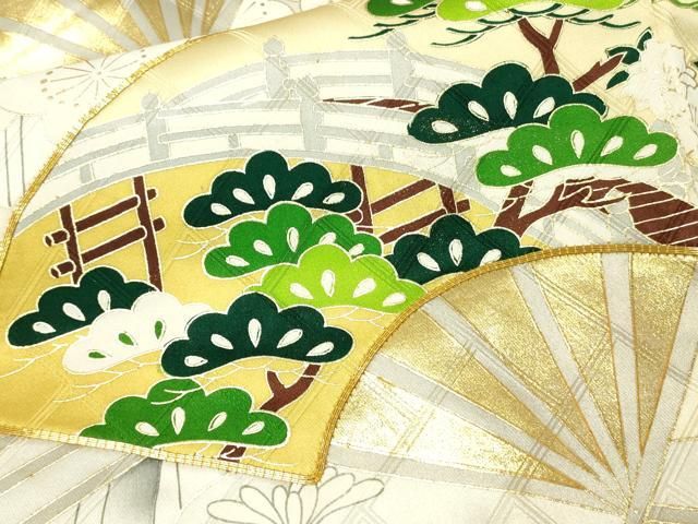 振袖フルセット豪華振袖　駒刺繍　扇面流水草花文　金彩　正絹 平和屋着物□豪華振袖 駒刺繍 扇面御所車草花文 暈し染め 金彩