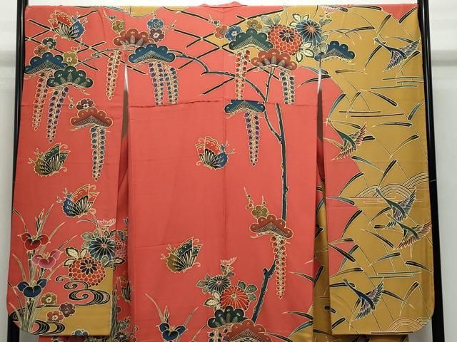 平和屋着物○豪華振袖 型染め 紅型 舞蝶風景花鳥文 正絹 逸品  