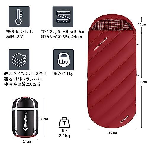 大人_A:レッド丨250g㎡丨612℃ KingCamp 寝袋 ワイド 封筒型 フランネル