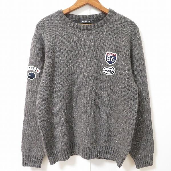 美品 Papas+ パパス プラス ウール ワッペン ニット ジャケット L wnc パパス プラス PAPAS PLUS ニット セーター M グレー ワッペン