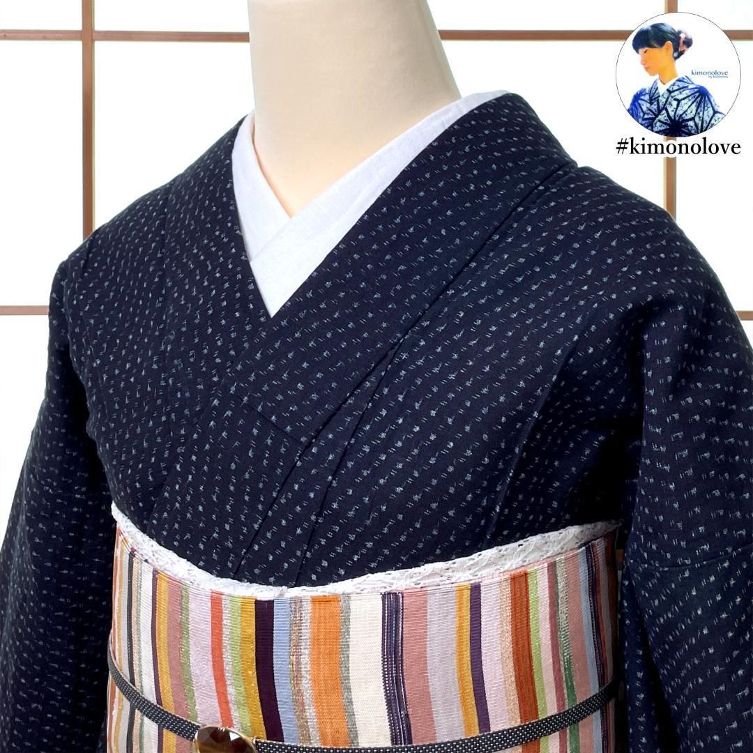 久留米絣 単衣着物 綿 書生絣 濃藍 ビンテージ着物 リユース品 A-2454