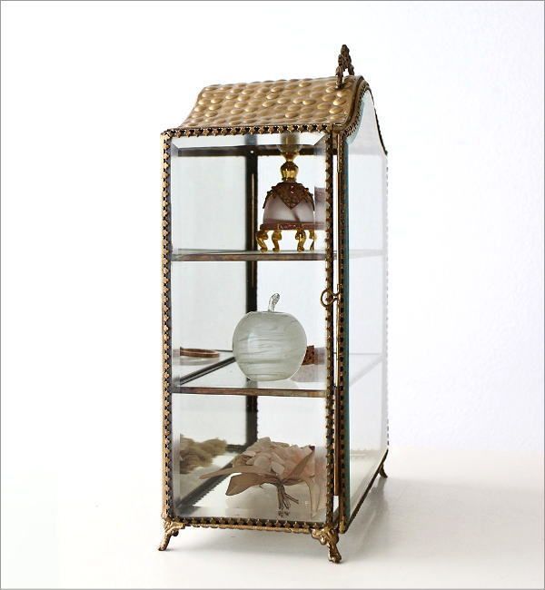 【予約注文】 ガラスケース 真鍮 ショーケース 3段 アンティーク コレクションケース アクセサリーケース 扉付 真鍮とガラスのアーチキャビネットケース