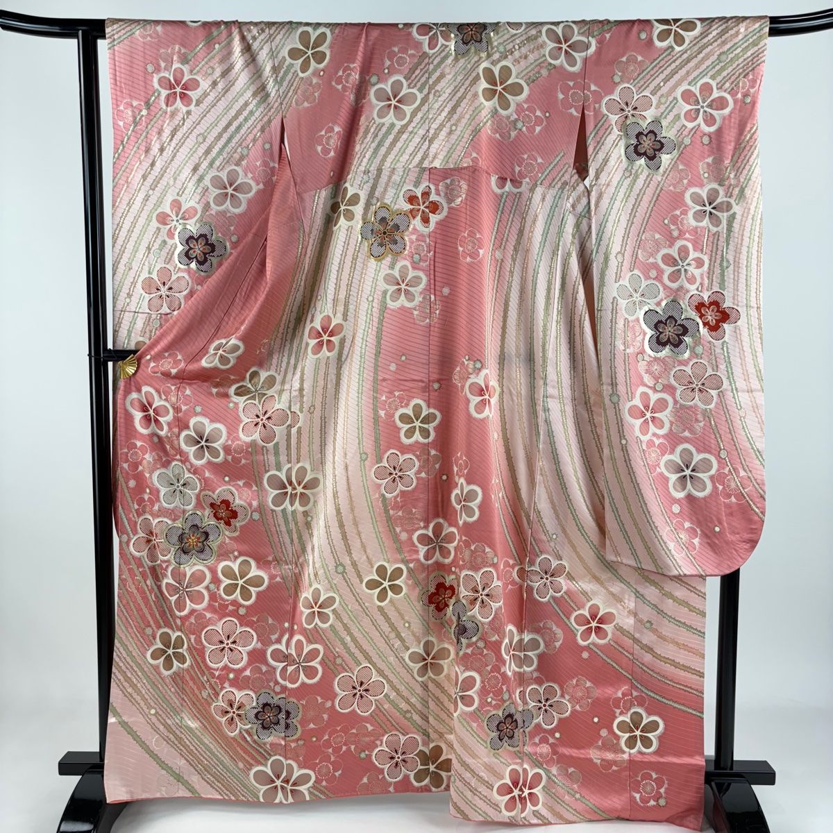 振袖 身丈165cm 裄丈65cm M 袷 梅 斜縞 金糸 金彩 ピンク 正絹 秀品
