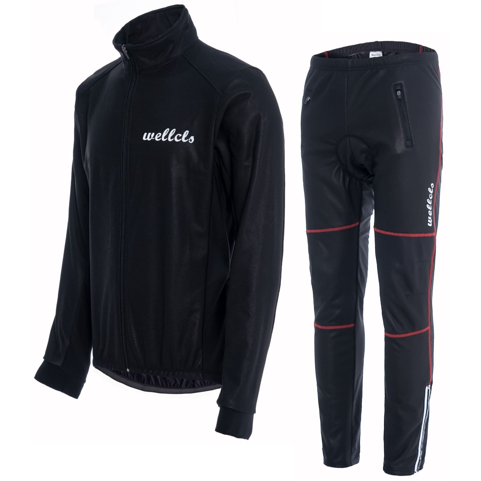 ブラック/レッド_XL ウェルクルズ(Wellcls) 冬用 サイクルジャージ サイクルウェア 上下セット 冬 上下 自転車 ロードバイク ウェア メンズ サイクルジャケット 長袖 防風 防寒 秋冬 サイクリン