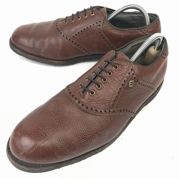 80s-90s?|Vintage フットジョイ|FOOT JOY シボ本革|サドルシューズ 27.5|茶 ロゴ飾り◆ME-173<sale>