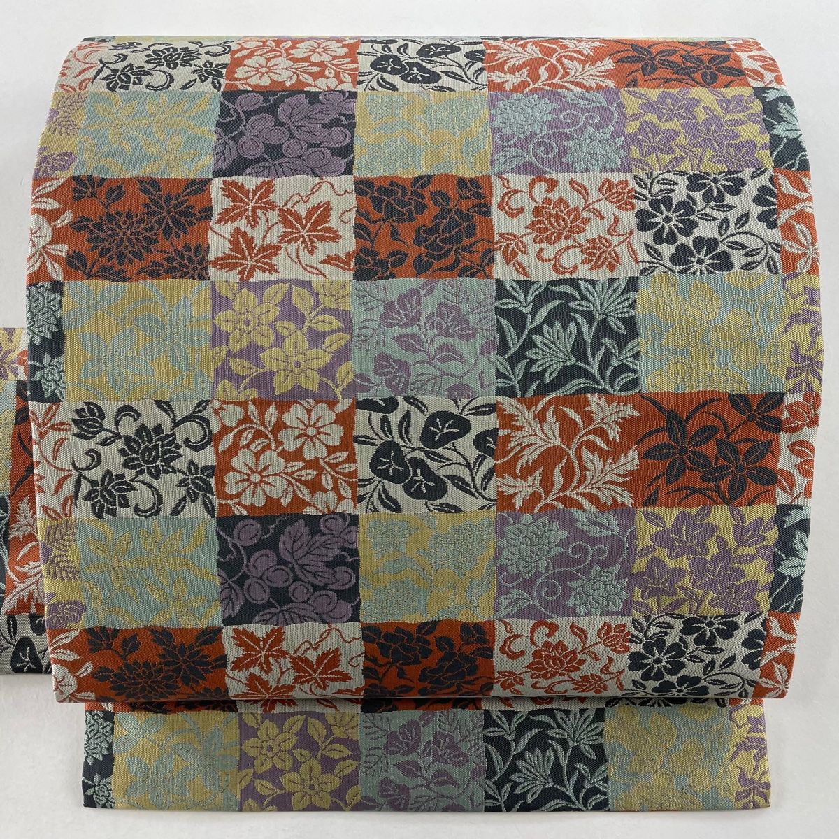 名古屋帯 秀品 草花 花唐草 灰緑 正絹