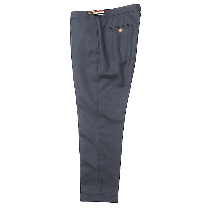 THOM BROWNE NEW YORK トム ブラウン ニュー ヨーク スラックス テーパード ツイル ローライズ アンカー 金ボタン トリコロール アメトラ ウール トラウザーズ パンツ メンズ 2 濃紺 スイス製 MTC159A00626415
