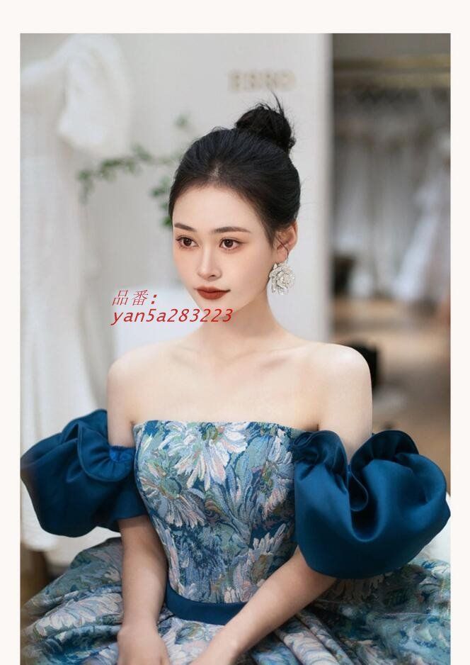 イブニングドレス 演奏会ドレス ブルー オフショルダー ロングドレス 発表会ドレス Aライン 結婚式ドレス二次会ドレス プリント花柄 パーティードレス 素敵 yan5a283223