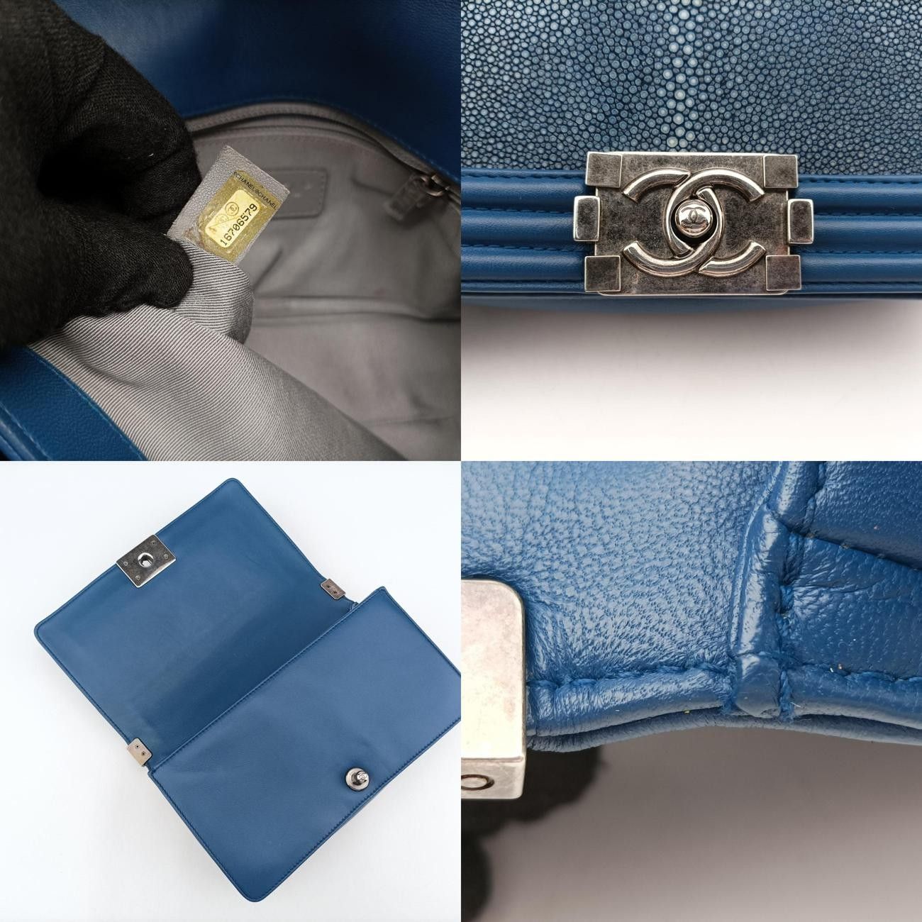 シャネルChanelボーイシャネルブルーパールフィッシュスキン×レザーA6713816706579