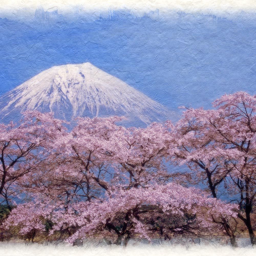 和紙の絵写真 「湖畔の桜と残雪の富士山」 立体額縁付き 38x27cm