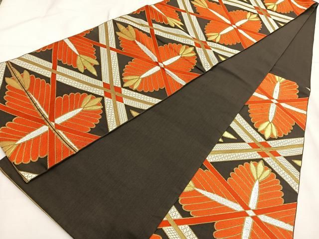 平和屋着物□西陣 川島織物 六通柄 本袋帯 唐織 若松葉菱文 黒地 金糸