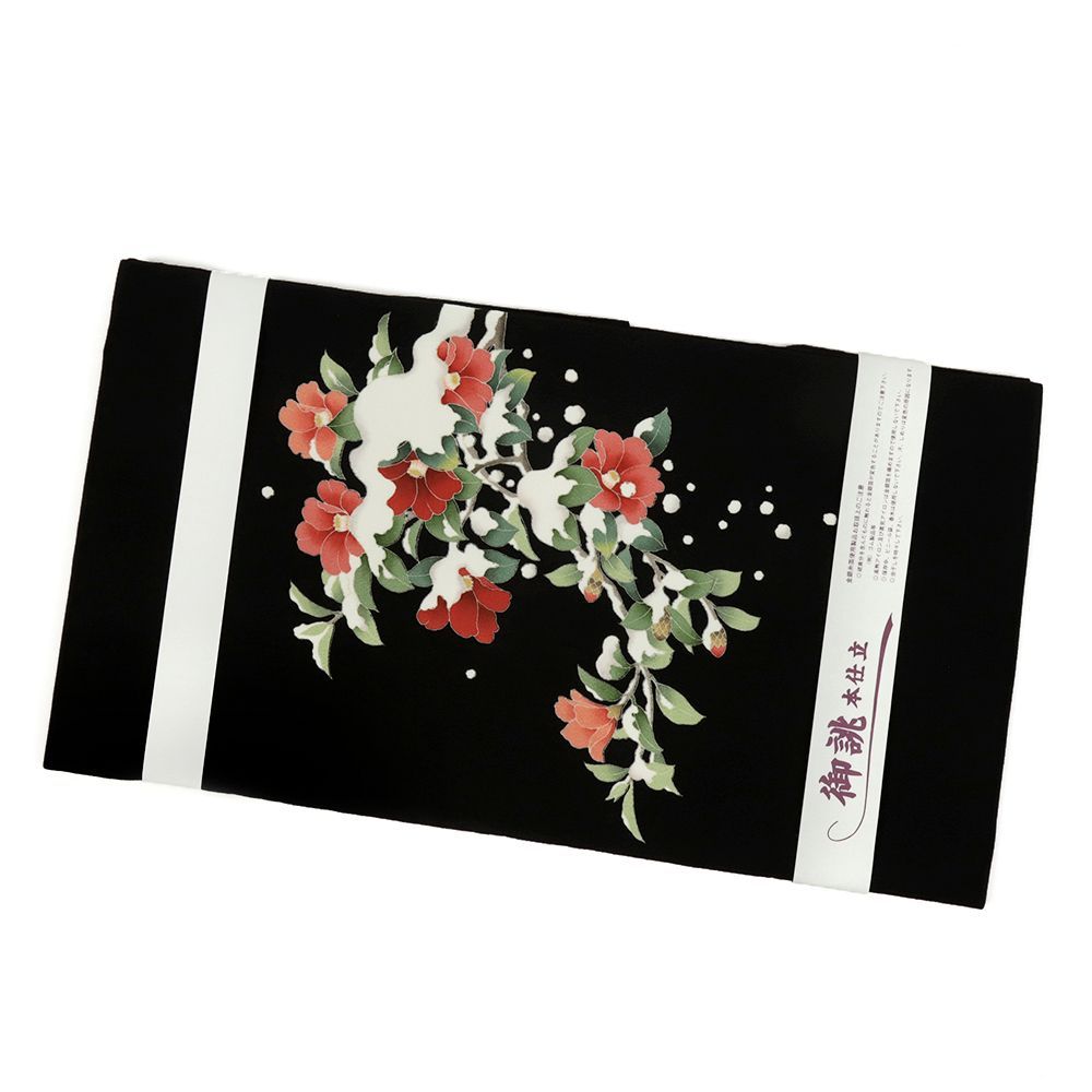 名古屋帯　椿柄　塩瀬黒地　美品　開き仕立て 名古屋帯 秀美 正絹 黒地 雪持ち椿 カジュアル 仕立て上がり 手描友禅