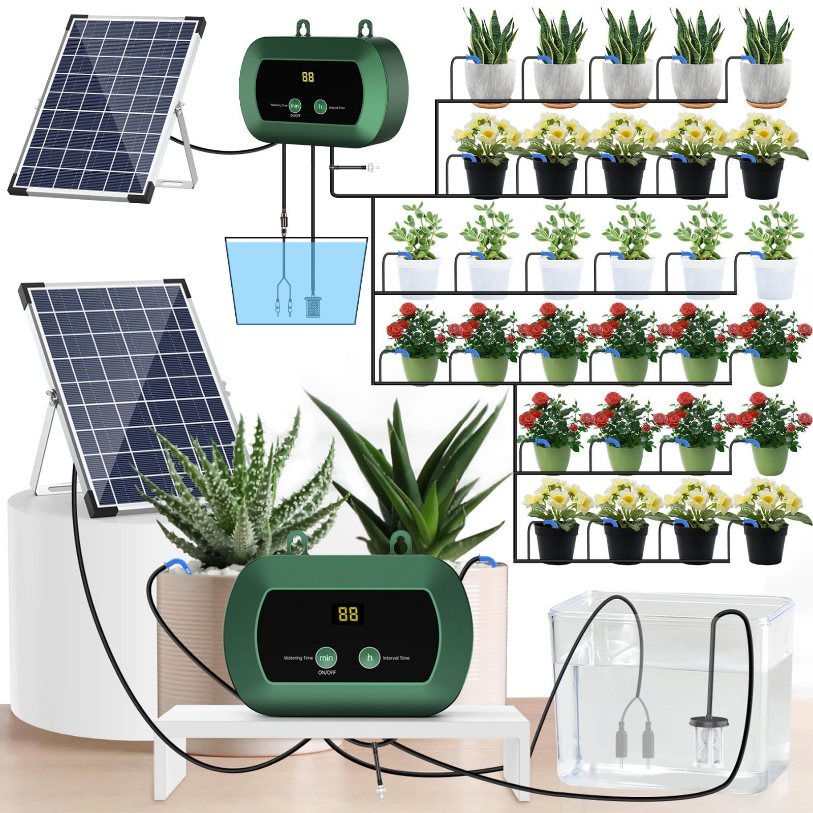 HUIZHOU 自動水やり 植物 ソーラー灌漑システム最新点滴灌漑システム、12個のタイマーモードの自動灌漑システムガーデン+30Mホースを持ち、ガーデン、ベランダ植物、アウトドア盆栽植物に用