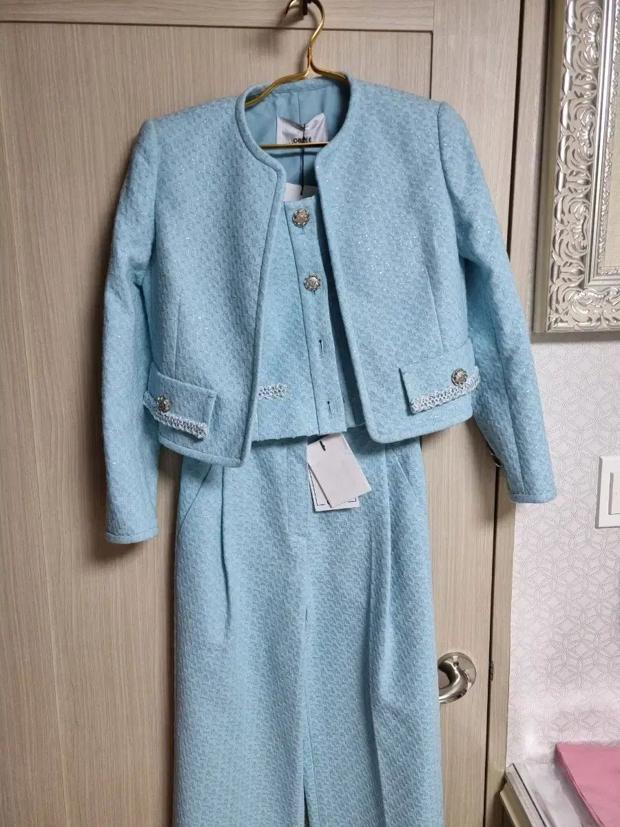 オブジェ ツイード セットアップ ブルー ジャケット ズボン トップス 55 66