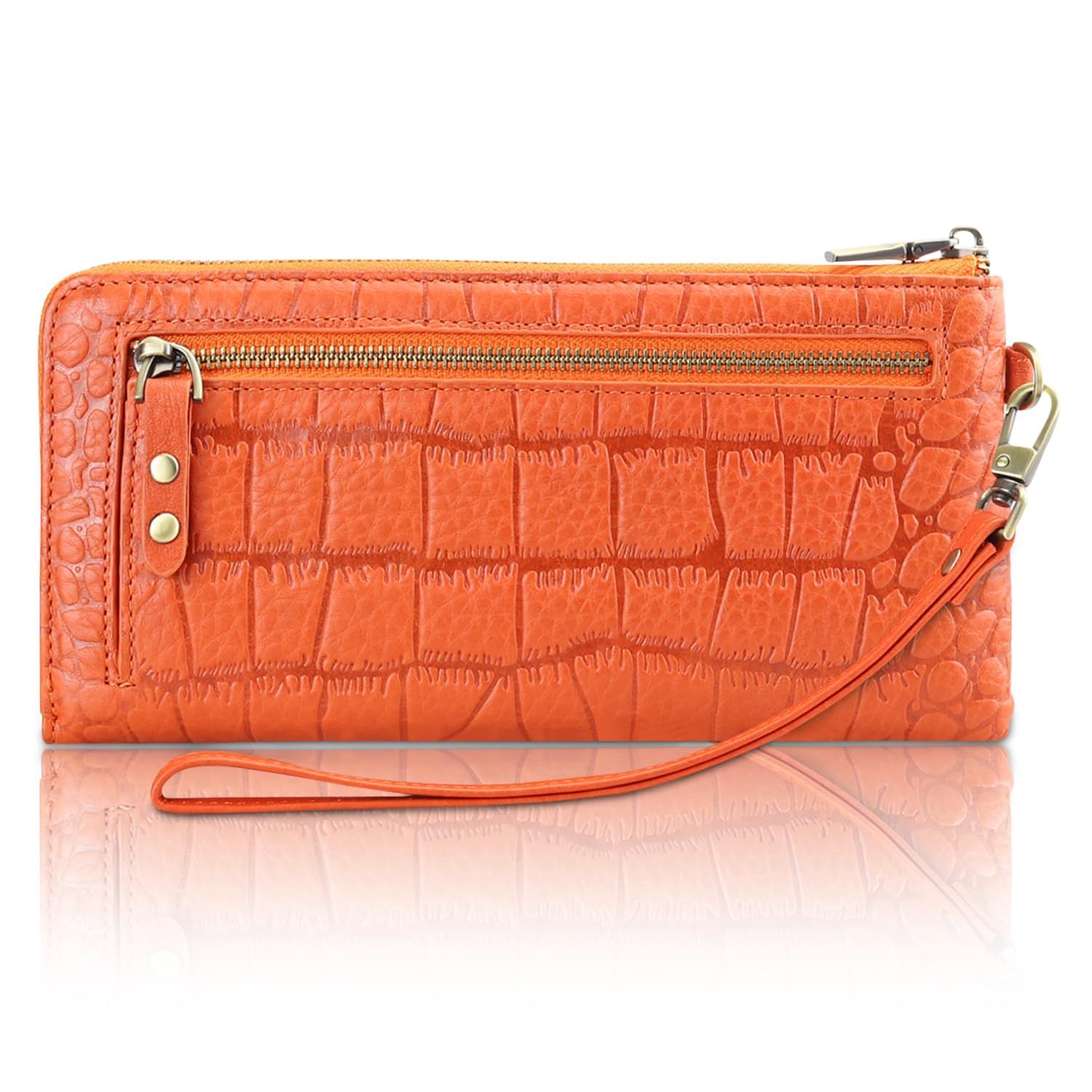 【人気商品】本革 L字ファスナー【カード16枚収納/ RFID/スキミング防止 レザー 】 ストラップ付 レディース 大容量 薄型 長財布 軽量 クロコダイル型押し [F.ZH] プレゼント（オレンジ）