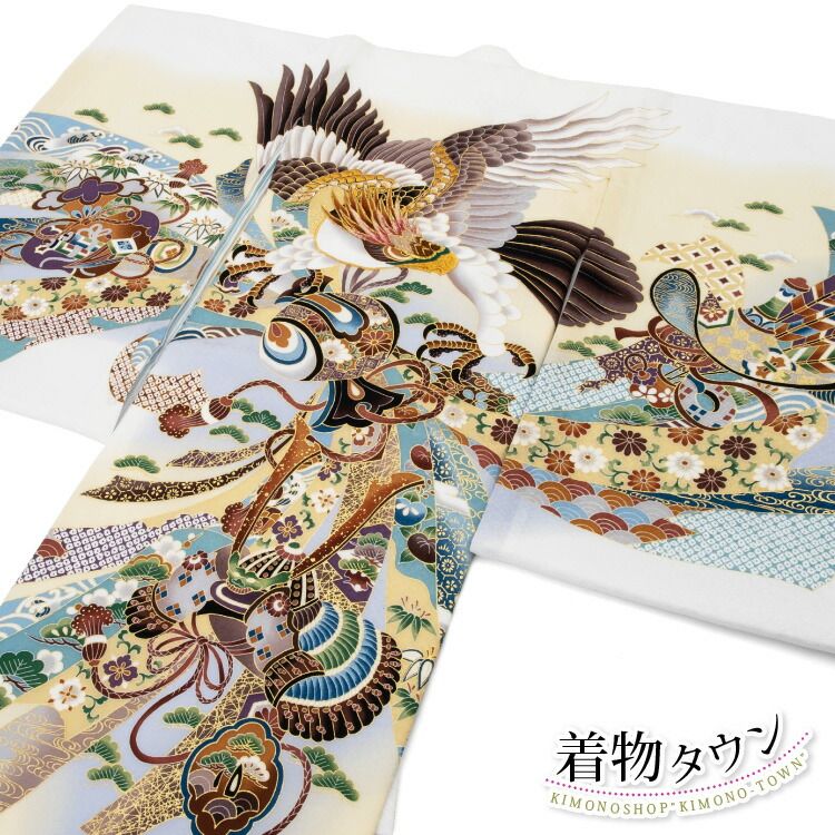 お宮参り 着物 男の子 初着 産着 正絹 鷹 束ね熨斗 白 ホワイト 男児 祝着 掛け着 一つ身 のしめ 販売 noshime-00036