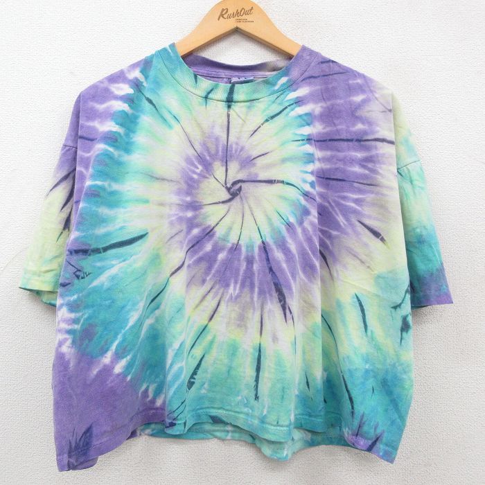 XL/古着 半袖 ビンテージ Tシャツ メンズ 90s 無地 大きいサイズ コットン クルーネック ショート丈 紫 パープル タイダイ 23aug16 中古