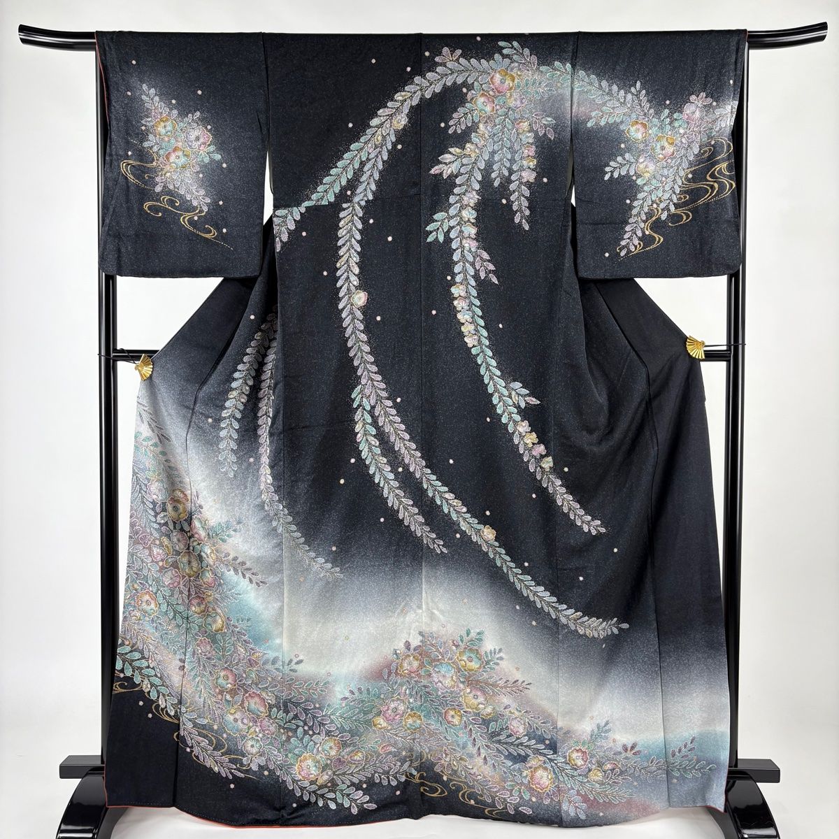 訪問着 身丈167cm 裄丈66cm M 袷 辻が花柄 金彩 絞り 墨色 正絹 名品 【】