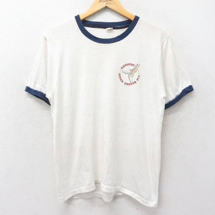 M/古着 半袖 ビンテージ Tシャツ メンズ 70s ケネディスペースセンター 染込プリント クルーネック 白他 ホワイト リンガー 24jun24 中古