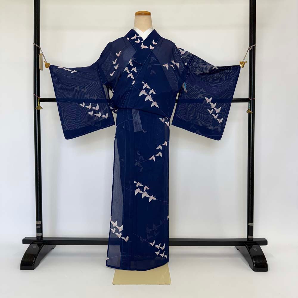 小紋 夏 絽 夏用 洗える着物 裄64.5cm 身丈160.7cm 花柄 お洒落着  