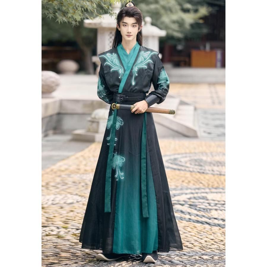 ♥ メンズ 漢服 5点セットアップ おしゃれ 暗黒 武侠風 チャイナ服 中国古代服装 男性 大人 ジュニア 蛍光感のプリント 黒に赤 緑 動きやすい BJ0903ML132