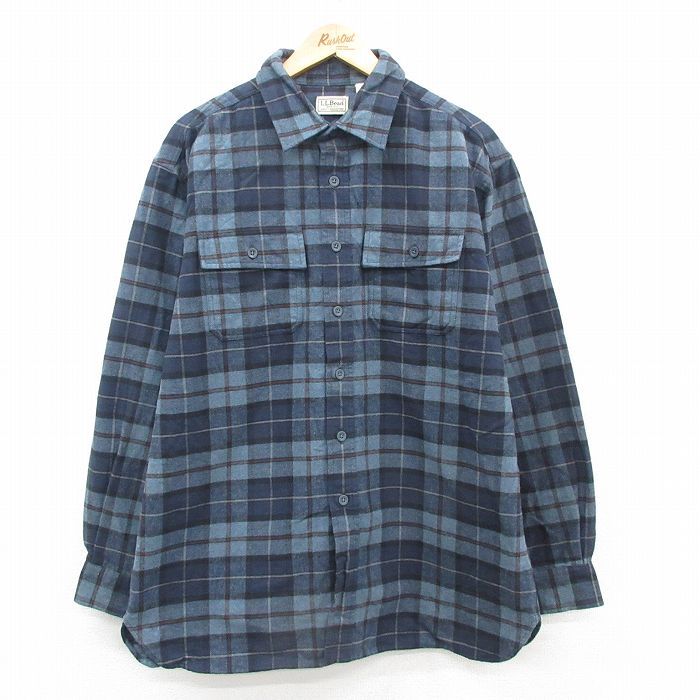 XL/古着 エルエルビーン LLBEAN 長袖 ヘビー フランネル シャツ メンズ 00s ロング丈 コットン 紺他 ネイビー チェック 24sep25 中古 トッ