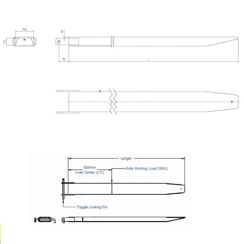 サヤフォーク フォークリフト 爪 クローズボトム 長2100mm 内幅140mm