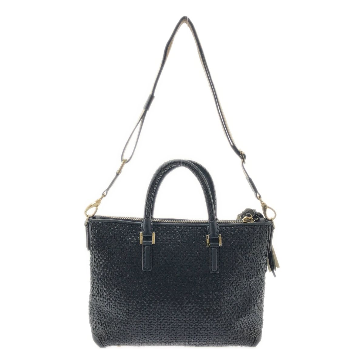 ANYA HINDMARCH アニヤハインドマーチ 2way ショルダー付き レザー 編み込み フリンジチャーム ハンド トートバッグ ダークネイビー レディース