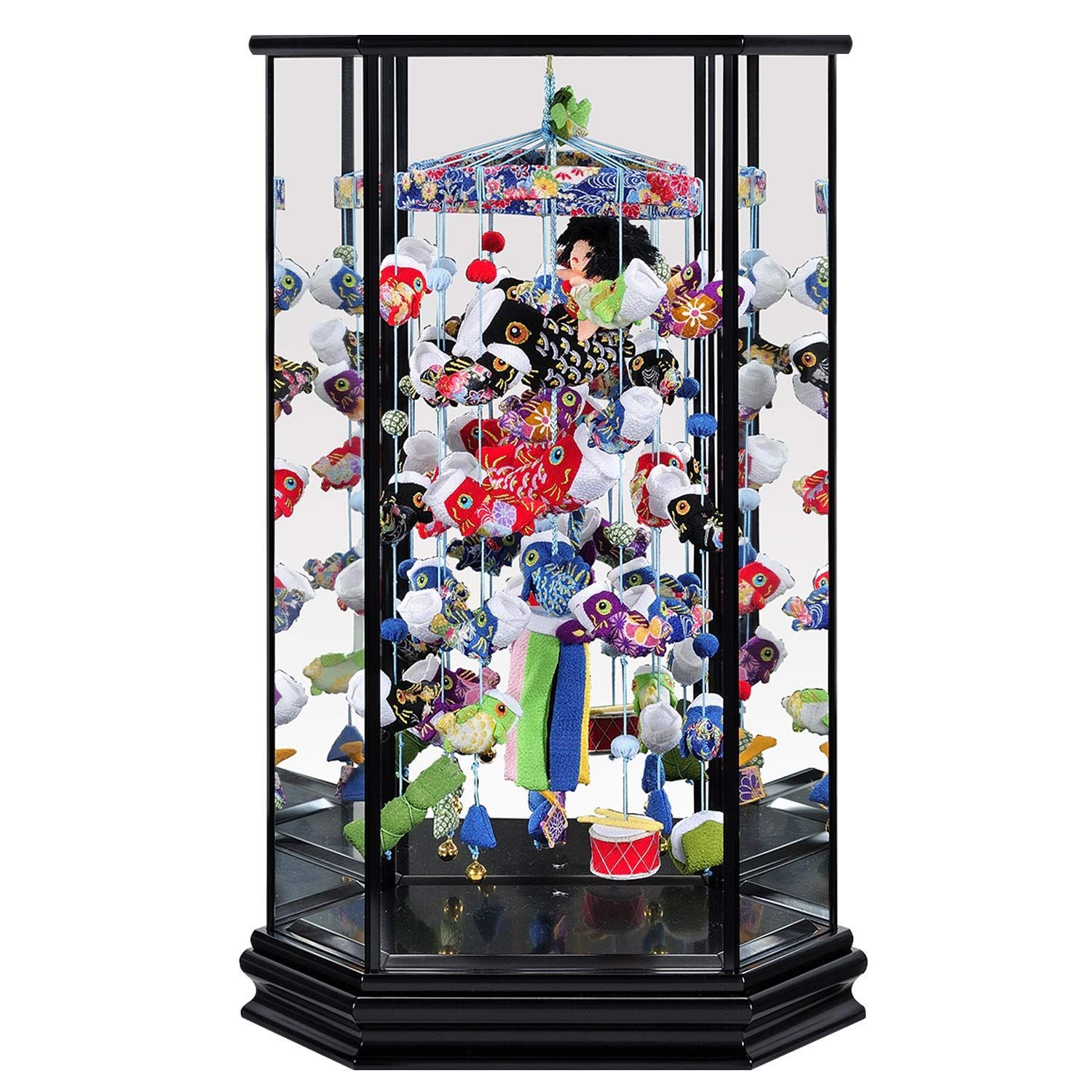幅34cm×高さ57cm 中サイズ 祝い鯉 六角ケース飾り 鏡付き黒塗ガラスケース 脇飾り 室内用鯉のぼり 五月人形