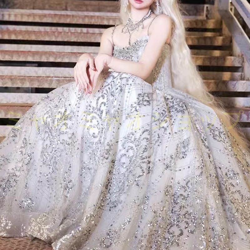 ウェディングドレス 二次会ドレス 花嫁ドレス 袖なし キャミソールドレス フ Aライン パーティー ロングドレス 演奏会 イブニングドレス カラードレス 成人式 Aライン ラメ きらきら 1302
