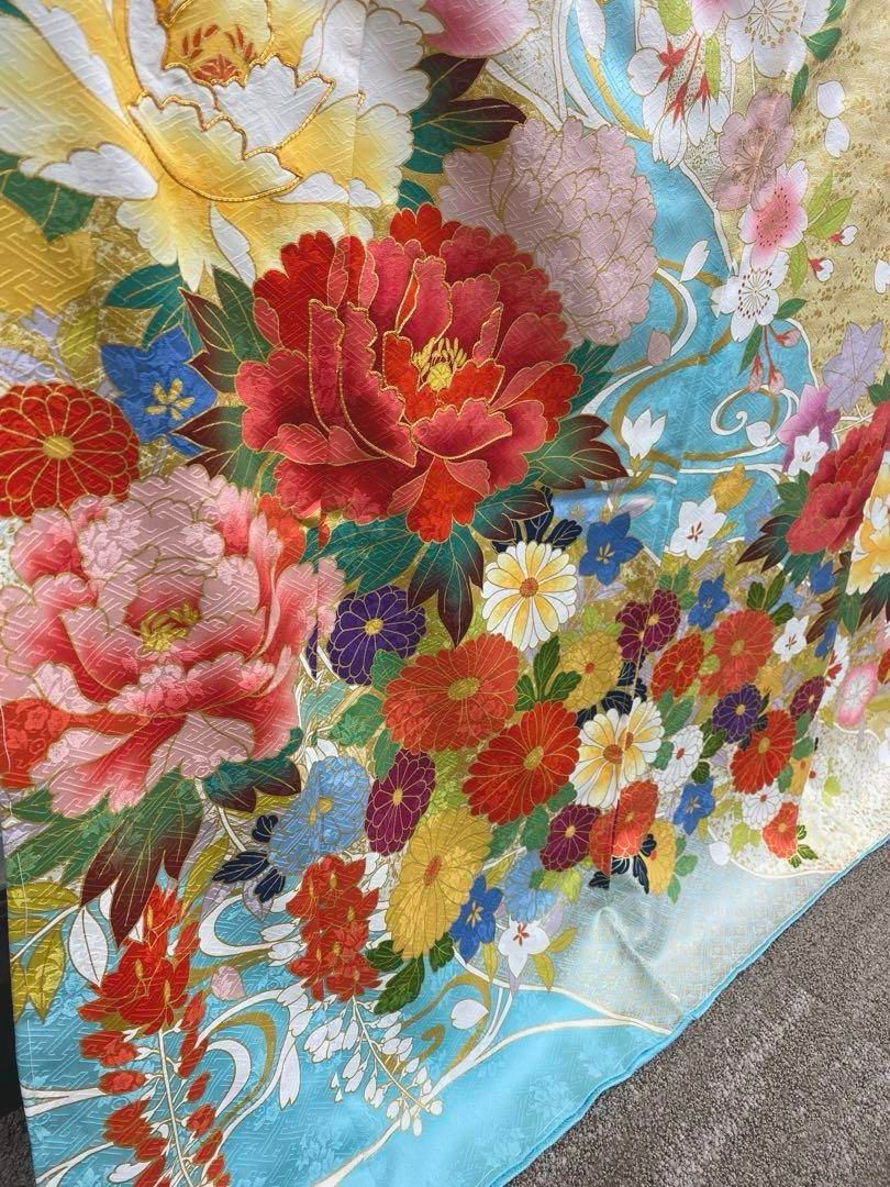 振袖 仮絵羽 青柳 舞台衣装 金駒 金彩 紋意匠 正絹 未仕立て品 八掛 