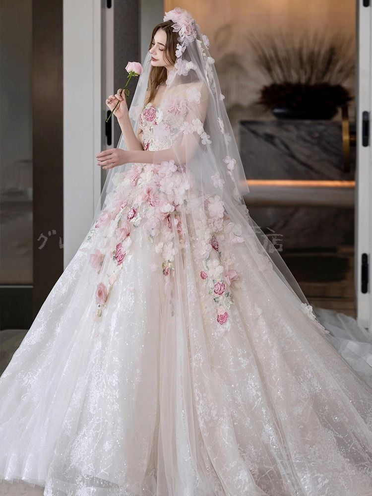 ?♥ ウェディングドレス 花嫁 二次会 ウエディングドレス 結婚式 ロングドレス Aライン チュール レース ロングトレーン 小花