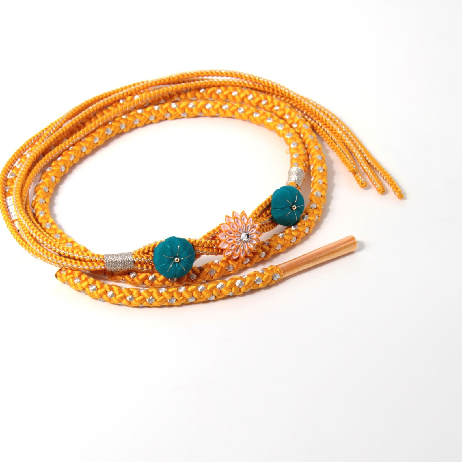 帯締め 黄色×つまみ細工 帯飾り 成人式 振袖 帯〆 和装小物 着物 きもの 和装 W-95