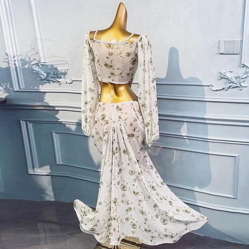 ベリーダンス オリエンタル衣装 トップス スカート オーダーメイド ステージ衣装 スパン フラワープリントワンピース