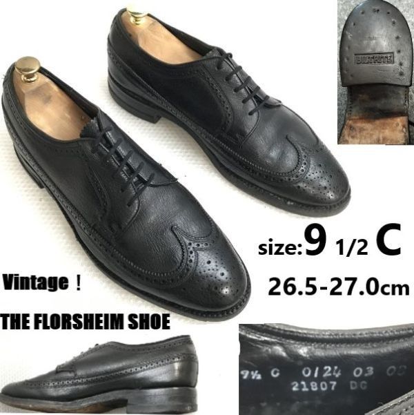 USA 80s?Vintage Florsheim|フローシャイム Kenmoor|ケンムール|ウイングチップ 9.5C|26.5-27.0|黒|black Leather|Dress shoes◆bE-068<sale>