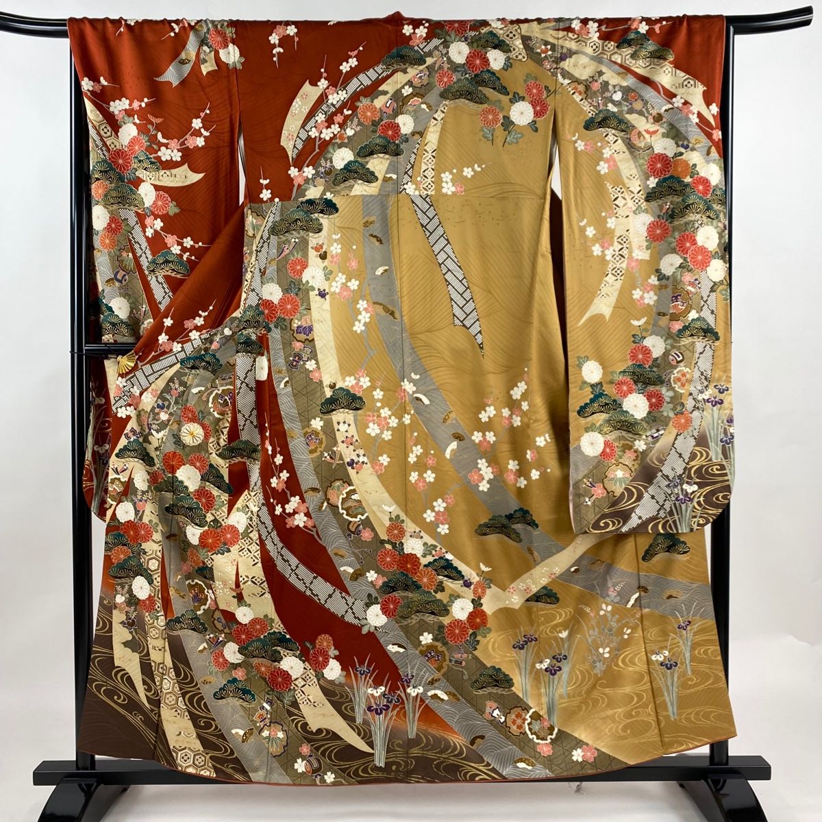 振袖 身丈158cm 裄丈67cm M 袷 束ね熨斗 松 金糸 金彩 赤茶 正絹 秀品