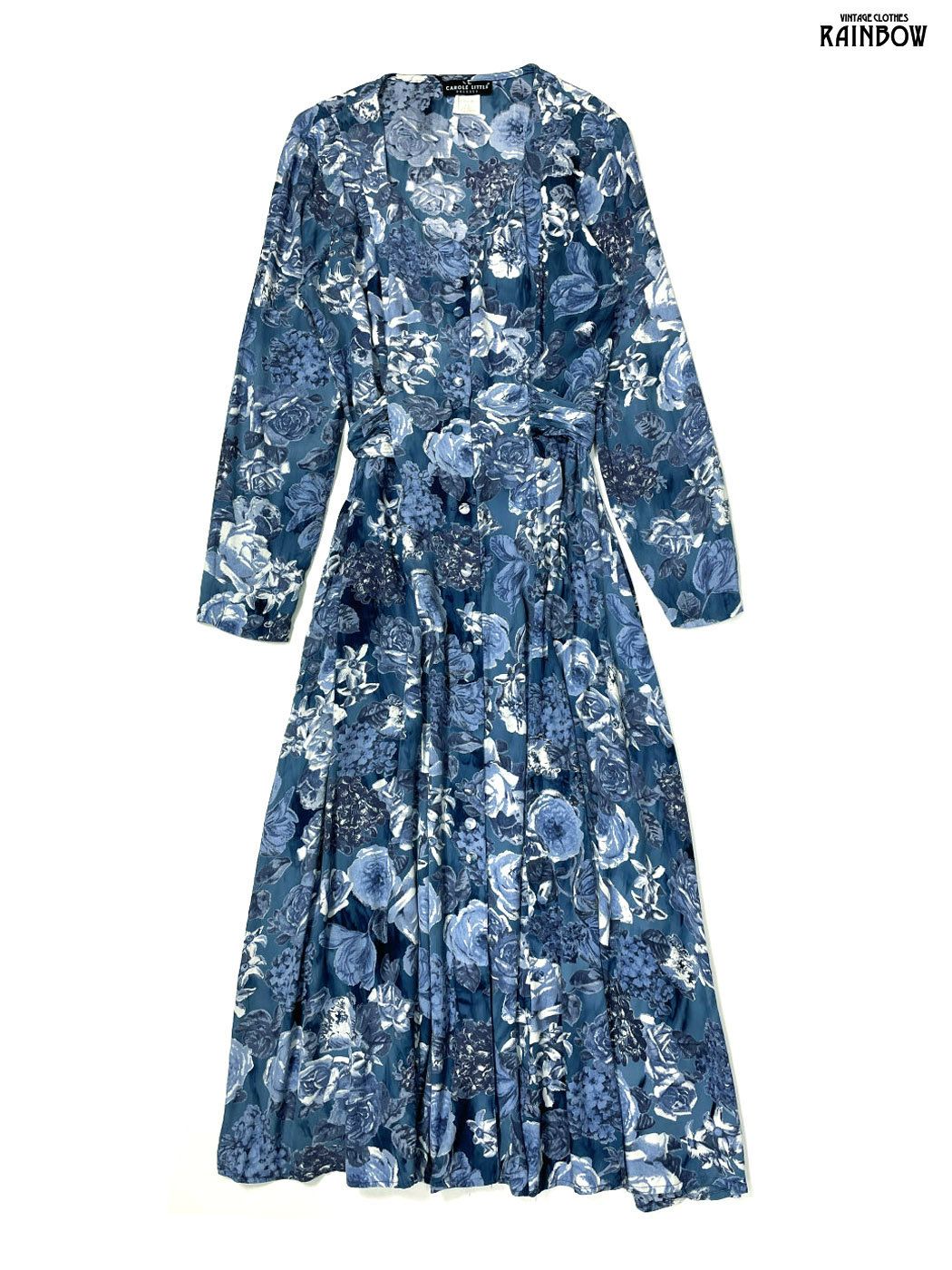 古着 CAROLE LITTLE アメリカ製 前開き 花柄 ロング丈 長袖 ワンピース 青 otu2508041