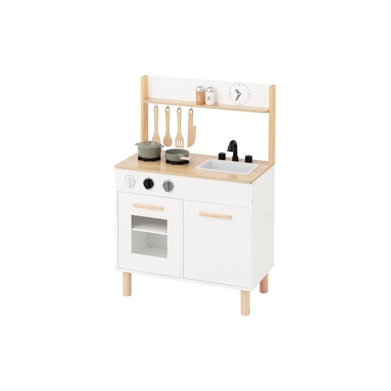 ぼん家具 おままごと キッチン 木製 調理器具付き 8点セット 知育玩具 台所 ミニキッチン まねっこ おもちゃ 子供用 プレゼント ホワイト ナチュラル