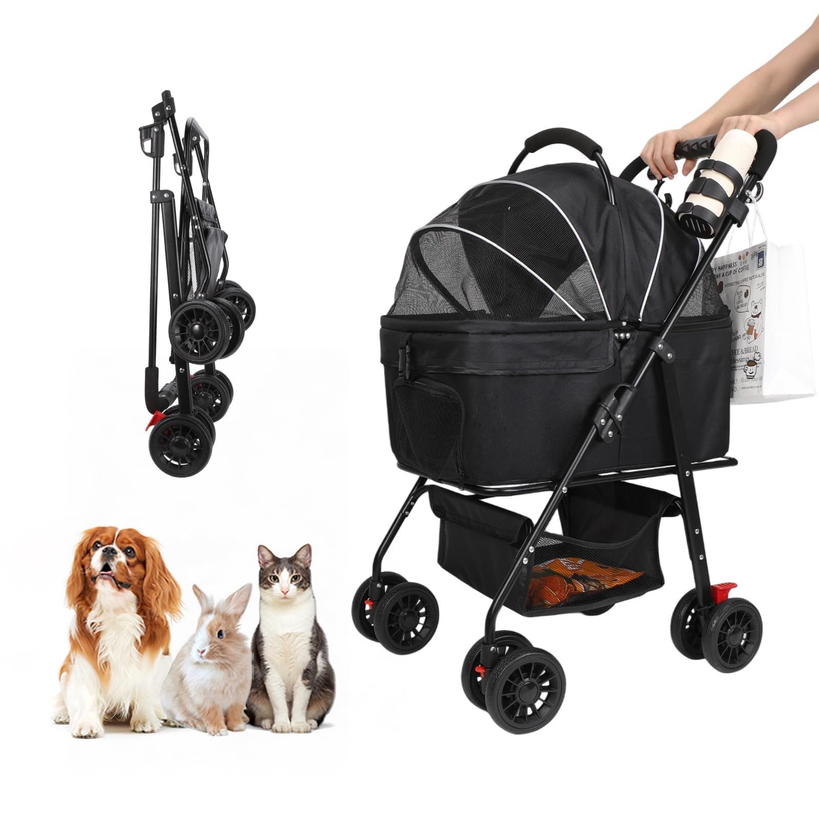 在庫処分 ペットバギー ベビーカー ワンタッチ折り畳み 対面式 犬用 フルオープン 3WAY 前輪360°回転 後輪ブレーキ付 カート 耐荷重20kg 多頭の小型犬-猫 犬 中型犬一匹用 分離式 お出かけ 散歩 ペットカート キャンプ カップホルダー フッ
