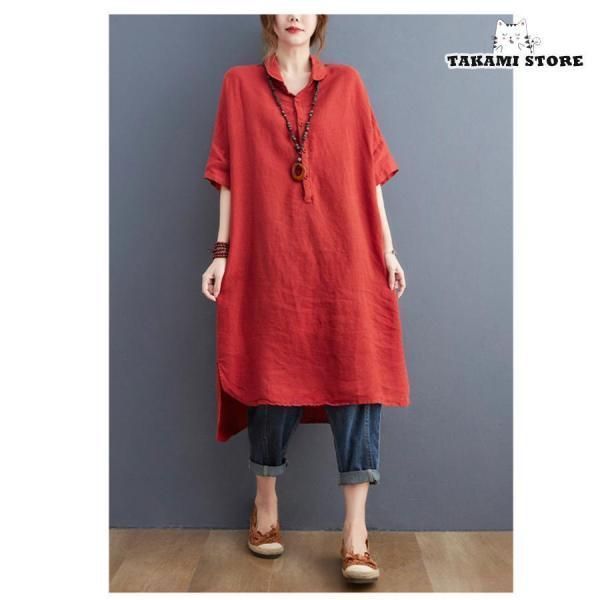 チュニック シャツ ワンピース ロングシャツ 無地 綿麻 夏 レディース シャツブラウス ワンピース ロング 膝丈 40代 50代 体型カバー ゆったり 春 夏 チュニック シャツ ワンピース ロングシャツ 無地 綿麻 夏