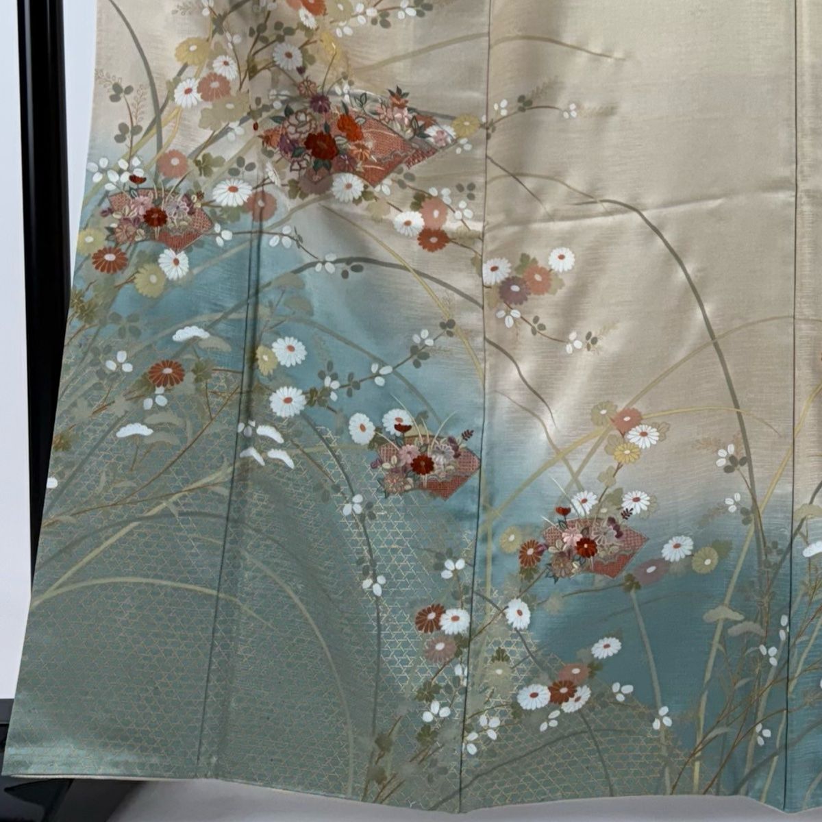 訪問着 身丈164cm 裄丈67cm M 袷 扇面 秋草 刺繍 金彩 ベージュ 正絹 秀品