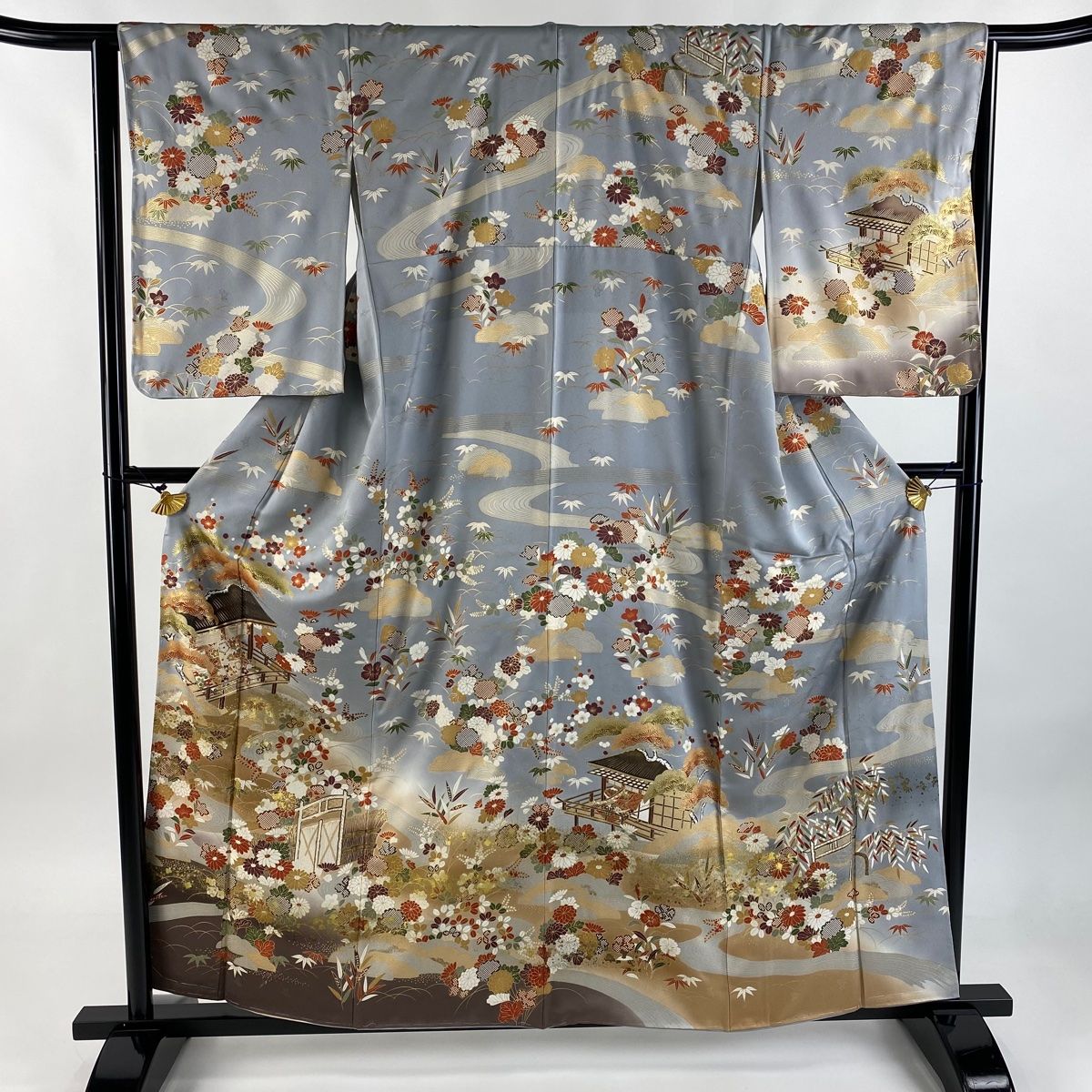 訪問着 身丈158cm 裄丈64.5cm M 袷 建物 松竹梅 金銀彩 ぼかし 青灰色 正絹