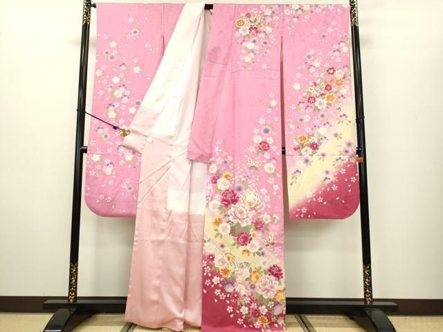 平和屋着物○豪華振袖 舞蝶花籠文 暈し染め 金彩 正絹 逸品