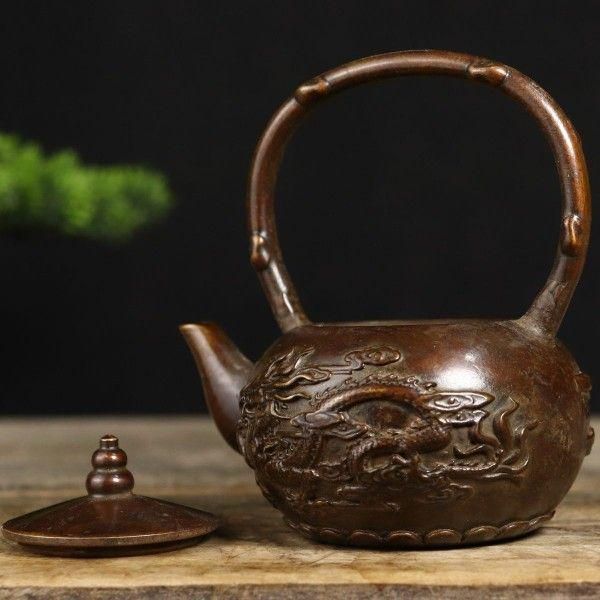 銅器 龍鳳提梁茶壺 茶道具 煎茶道具 浮き彫り 工芸品 美術品 銅器 龍鳳提梁茶壺 茶道具 煎茶道具 浮き彫り 工芸品 美術品