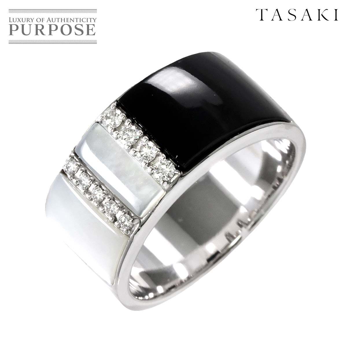 タサキ TASAKI 17号 リング シェル オニキス ダイヤ 0.14ct K18 WG