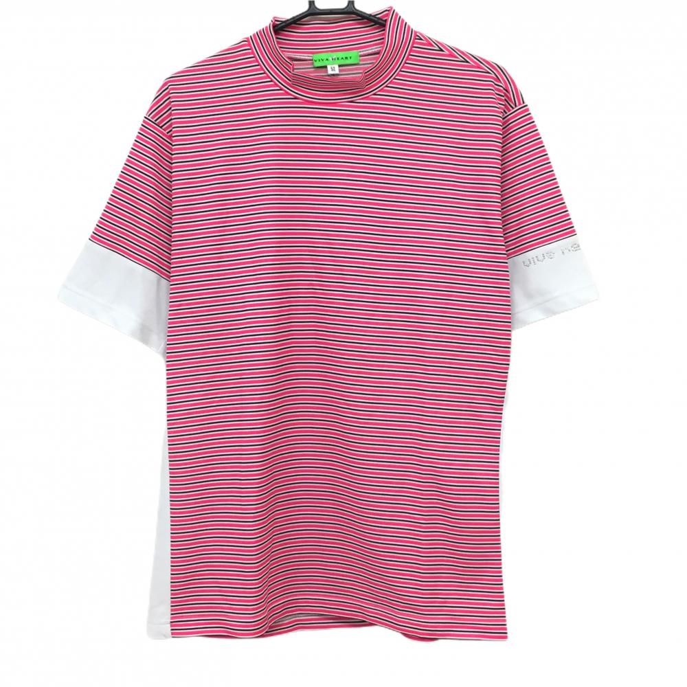【超美品】ビバハート 半袖ハイネックシャツ ピンク&times;白 ボーダー 織生地 ラインストーンロゴ メンズ 52(XL) ゴルフウェア VIVA HEART