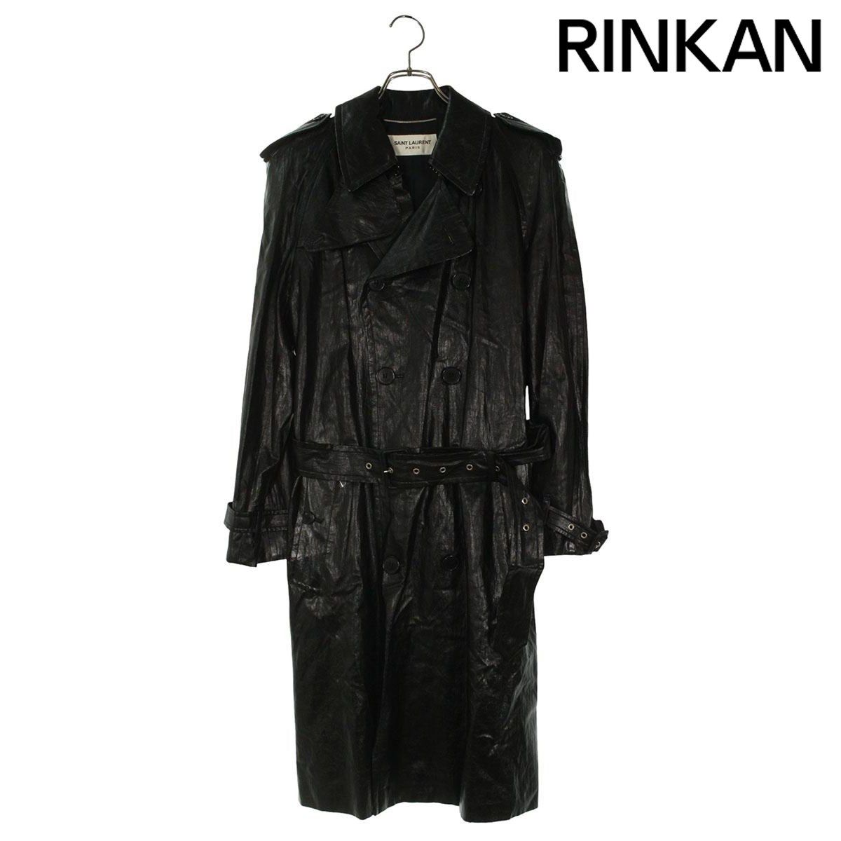 未使用級 3L ウインドアーマー トレンチコート ラムレザー ロング 黒 ダブル サンローランパリ 337876 YM20U フェイクレザートレンチコート メンズ