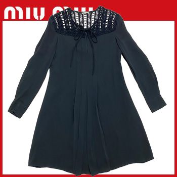 新品ミュウミュウmiu miuレースセクシー長袖シルクワンピース黒38