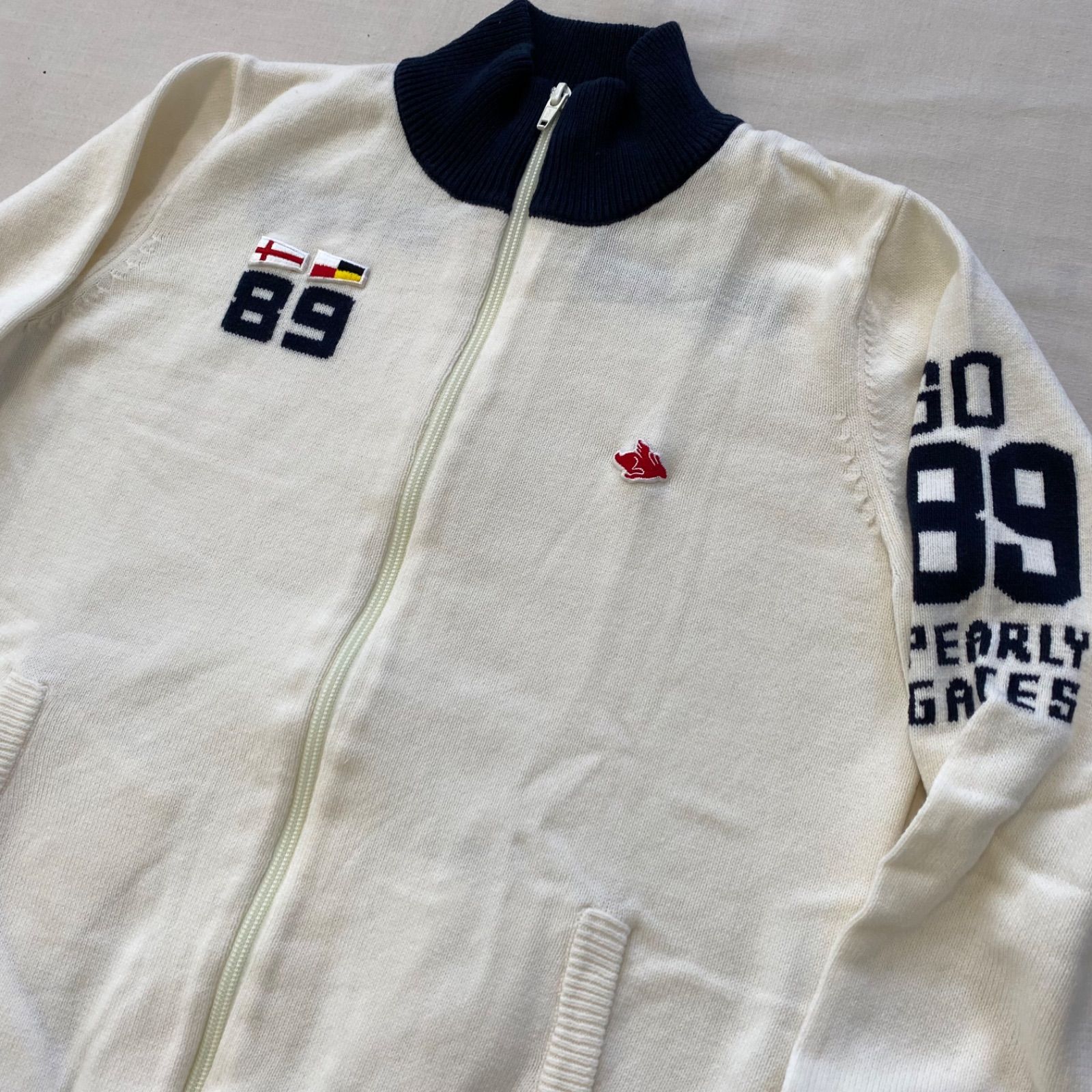 パーリーゲイツ フルジップ　ニット　ネイビー　サイズ4 7G部分ジャガード×ストレッチ裏地フルジップニットブルゾン | PEARLY