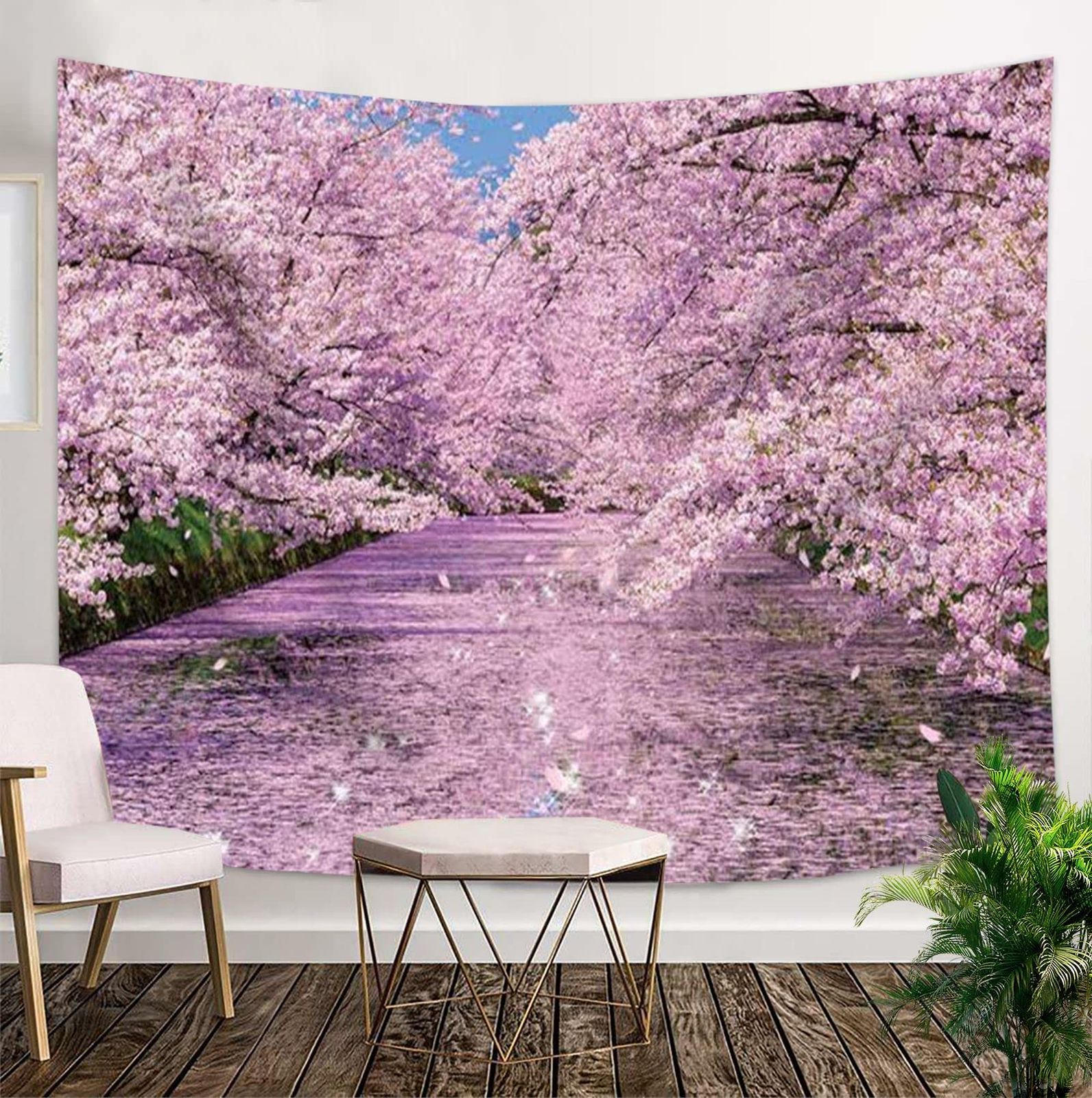 【数量限定】ANLAI 小川の両側にある桜の木のタペストリー満開の桜の壁掛け家の装飾のための寝室の居間 230cm x 150cm